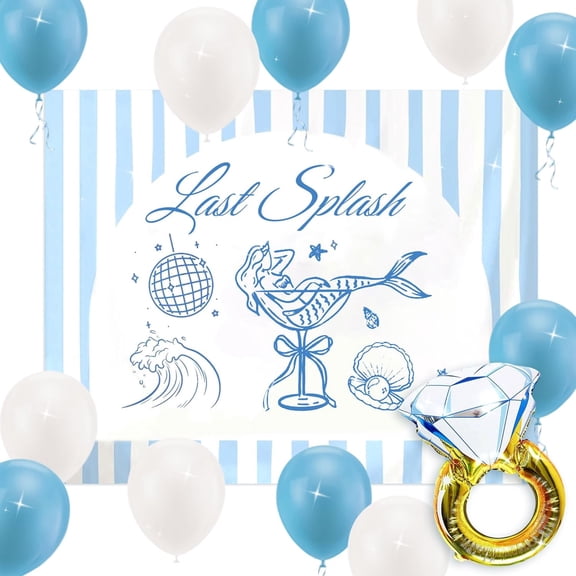 Last Splash Ocean Mermaid Party Decor Set - 22 Pieces - Blue and White Gradient with Golden Diamond Rings for Pool, Beach and Bachelorette Party Setup