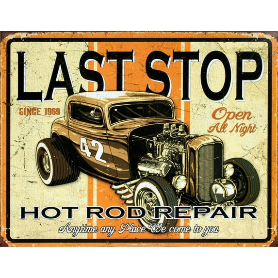 Last Stop Hot Rod Repair Tin Sign - 12.5x16, Multi-color
