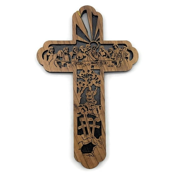 Last Supper Cross for Wall, Set of 5 Olive Wood Holy Land Cross from Bethlehem, Cross Christmas Tree Ornament, Wooden Cross Wall Decor, Religious Gifts for Home, Cross Christmas Decorations