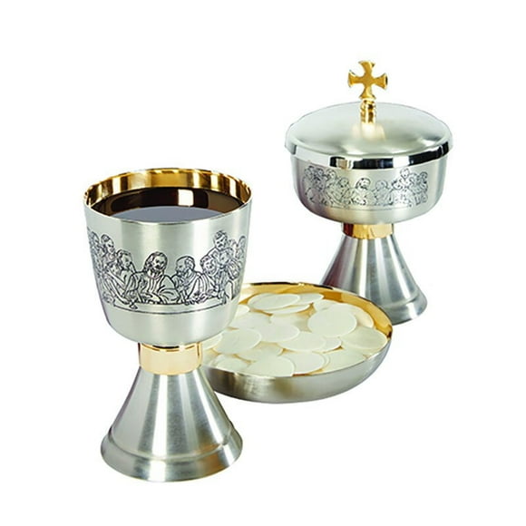 Last Supper Etched Chalice, Ciborium and Bowl Paten Set