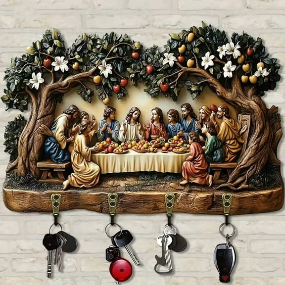 Last Supper Key Rack - Religious Resin Wood-Like Wall Mount Organizer with 4 Antique Copper Hooks for Keys, Leashes & Lanyards | Christian Home Decor Gift for Faith Families