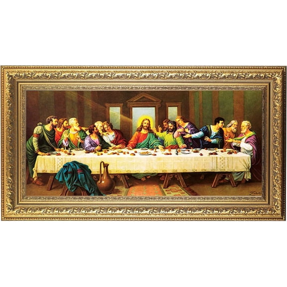 Last Supper Picture Framed Wall Art Decor Extra Large, Highly Detailed Antique Gold-Leaf Frame with Acanthus-Leaf Design