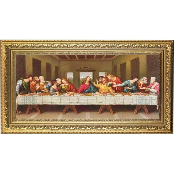 Last Supper Picture Framed Wall Art Decor Large, Highly Detailed Antique Gold-Leaf Frame with Acanthus-Leaf Design