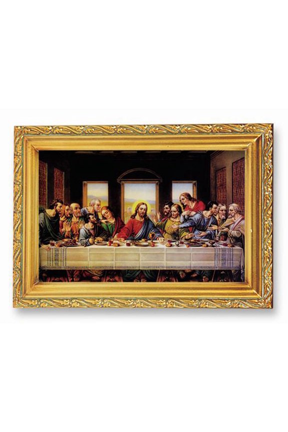 Last Supper Picture Framed Wall Art Decor Small, Antique Gold-Leaf Finished Frame with Acantus-Leaf Edging