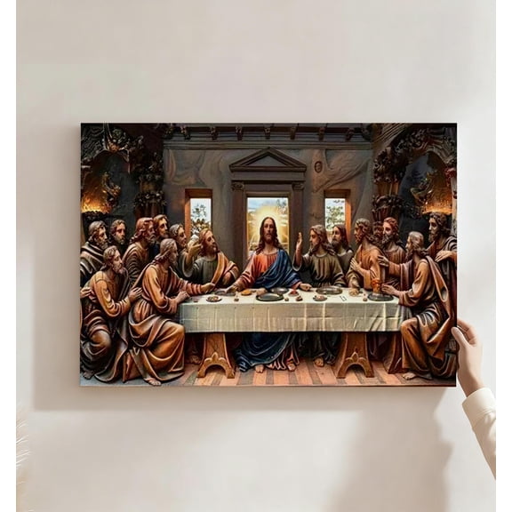 The Last Supper Sculptural Style Canvas Wall Art, Religious Christian Decor, 3D Relief Effect Classic Artwork For Church, Living Room, Home Chapel, Ready To Hang 8*12inch(20*30cm)