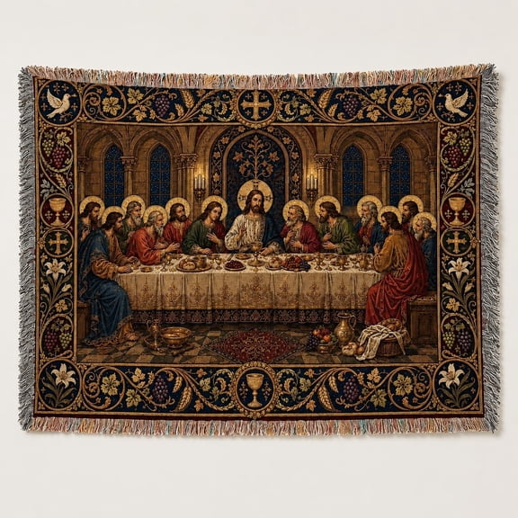 Last Supper Woven Cotton Throw Blanket with Fringed Edges – Religious Wall Tapestry | 3 Sizes