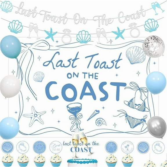 Last Toast on the Coast Bachelorette Decorations Backdrop Banner Coastal Grandma Party Decor Blue Shell Starfish Diamond Garland Cupcake Toppers for Summer Beach Bach Bachelorette Engagement Party