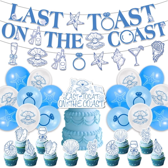Last Toast On The Coast Bachelorette Party Decor Kit, Blue Ocean Seashell Themed Banners, Photo Backdrop Sign, Cake & Cupcake Toppers, Starfish Printed Latex Balloons for Coastal Beach Bridal Shower