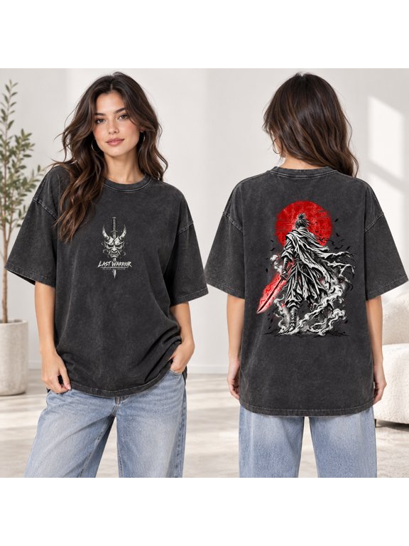 Last Warrior No Fear No Master Washed Samurai T-Shirt – Dark Fantasy Demon Mask Tee with Front Logo and Back Print – Retro Gothic Shirt for Fans & Streetwear Lovers, Size XL
