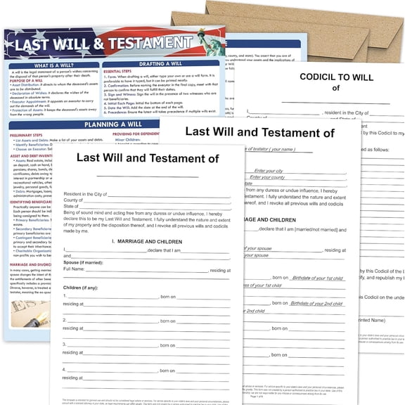 Last Will & Testament Kit 2025 Easy Legal Will for Seniors & Young Adults, Do It Yourself Kit, Smart Estate Planning Kit, Includes 2 Forms, Codicil Guide, Information Sheet, Kraft Envelopes
