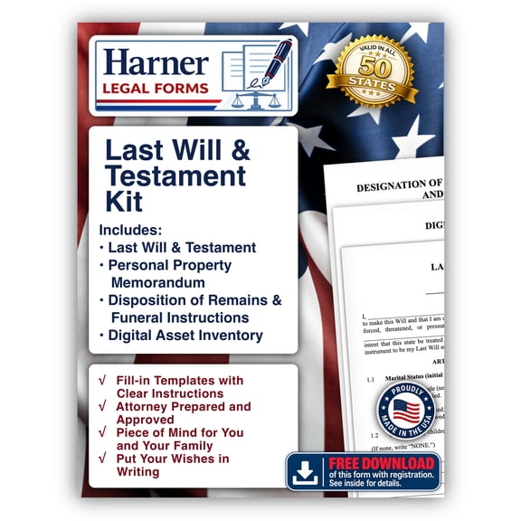 Harner Legal Forms Last Will and Testament Kit with Funeral Instructions, Digital Assets Inventory, and Personal Property Memorandum