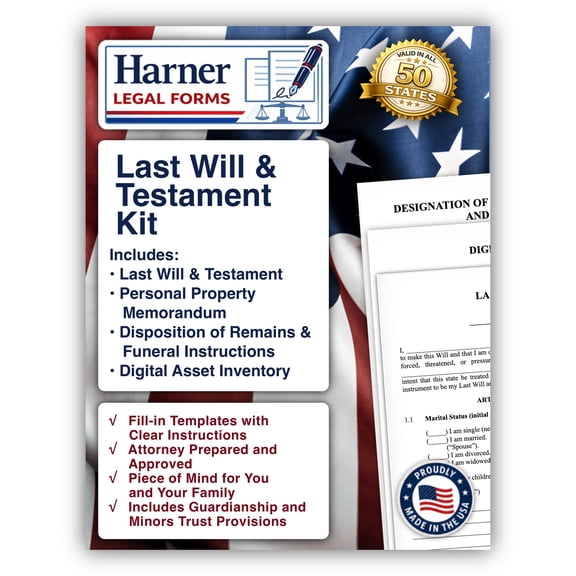 Harner Legal Forms Last Will and Testament Kit with Funeral Instructions, Digital Assets Inventory, and Personal Property Memorandum