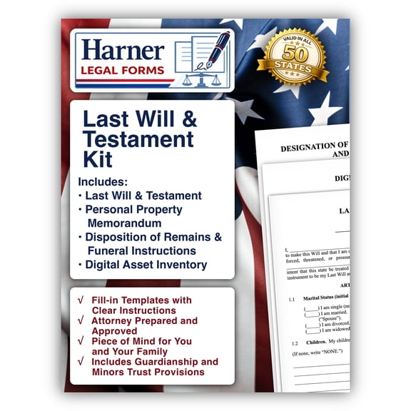 Harner Legal Forms Last Will and Testament Kit with Funeral Instructions, Digital Assets Inventory, and Personal Property Memorandum