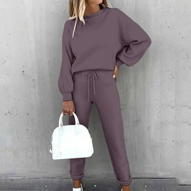 Amidoa 2 Pcs Lounge Sets for Women Lantern Sleeve Crewneck Sweatshirt with Pajama Pant Tracksuit Solid Outfits