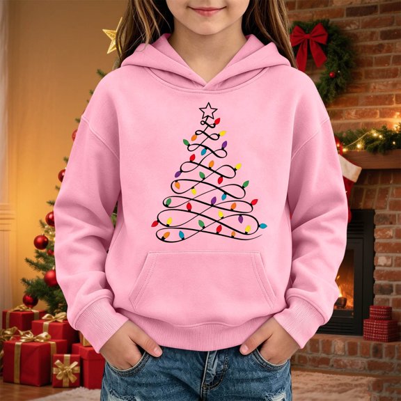 Lastesso Girls Boys Oversized Hoodies Long Sleeve Fall Christmas Tree Graphic Cropped Lightweight Pullover Sweatshirt with Kanga Pocket Pink Size 9