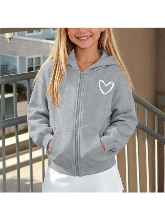 Girls Zip Up Hoodies Heart Print Fleece Long Sleeve Sweatshirt Jacket Winter Thick Soft Coat with Pocket Gray Size 5