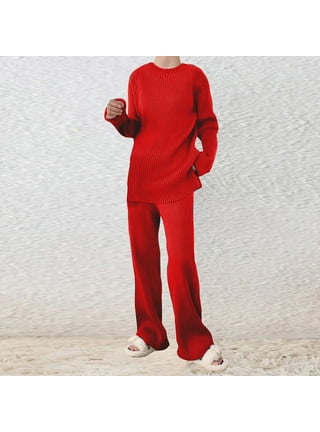 Sweater Sets for Women 2-Piece Outfits Solid Ribbed Crewneck Long Sleeve  Tops Wide Leg Pants Soft Comfy Knit Sweaters Set 
