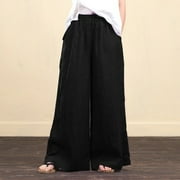 Lastesso Loose Fit Linen Dressy Pants for Women, Elastic Waist Drawstring Trousers Wide Leg Beach Pants Palazzo Lounge Pants