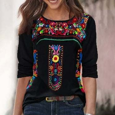 Lastesso Mexican Shirts for Women Long Sleeve Casual Embroidered Tops Loose Fit Round Neck Soft Traditional Peasant Blouses