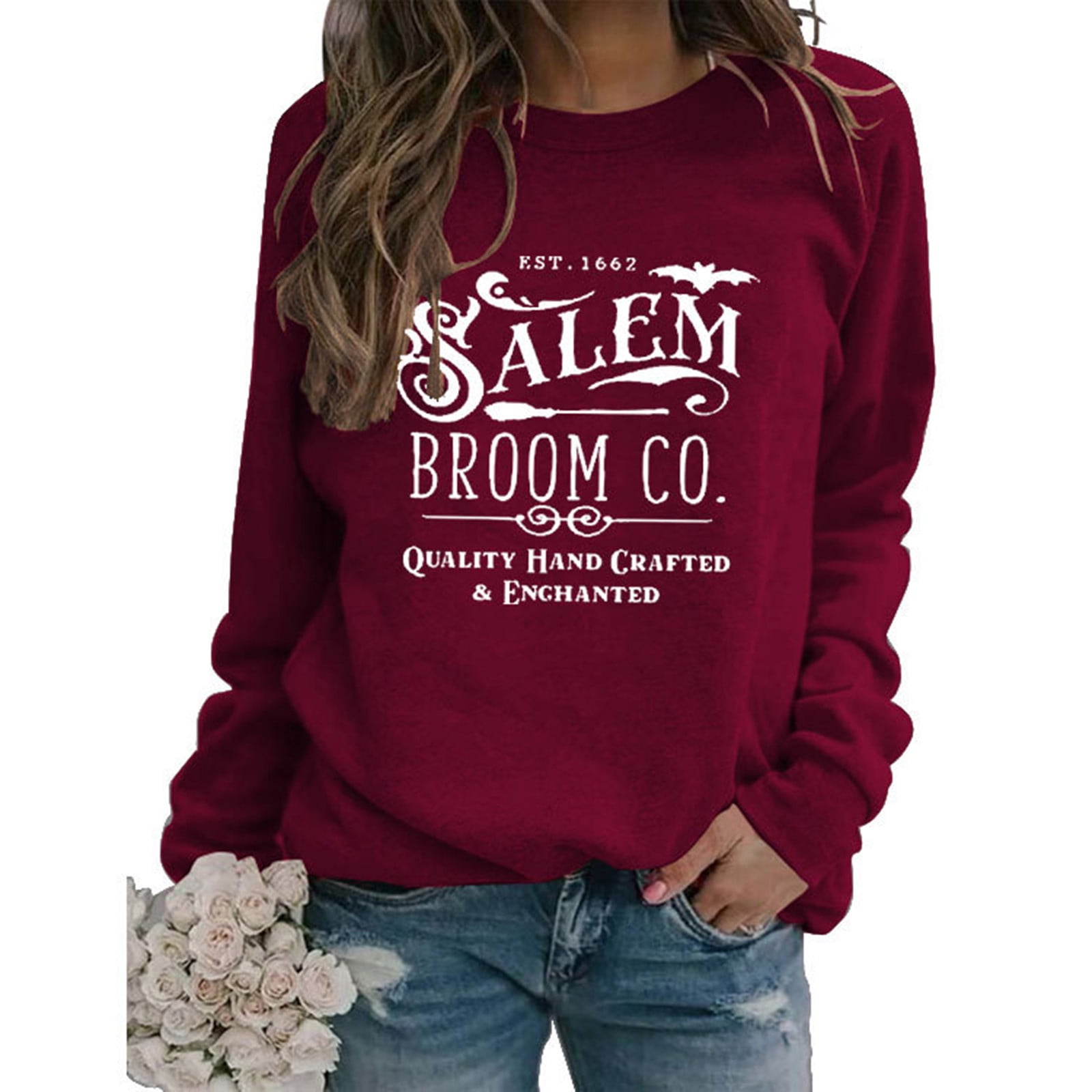 Women's Broom Company Sweatshirt - Long Sleeve Crewneck Pullover For Fall/Halloween