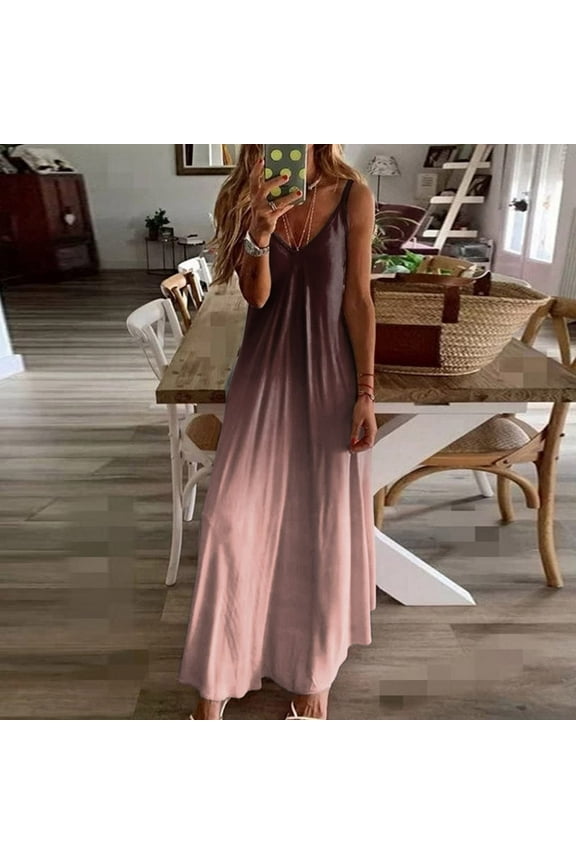 Summer Beach Dresses for Women Ombre Sleeveless Long Maxi Dress Casual Strappy V Neck Hawaiian Luau Dress