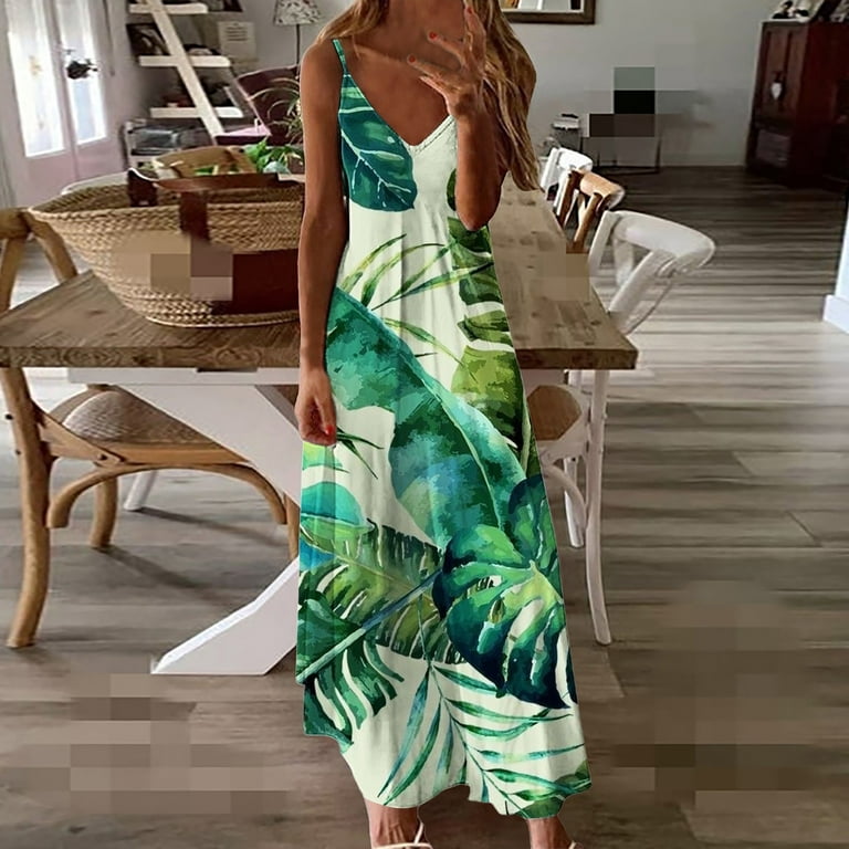 Lastesso Summer Beach Dresses for Women Tropical Print Sleeveless Long Maxi  Dress Casual Strappy V Neck Hawaiian Luau Dress