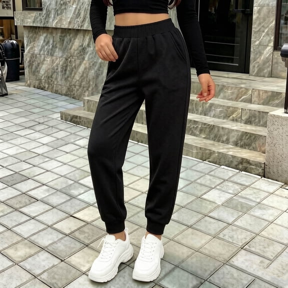 Lastesso Sweatpants for Girls Baggy Long High Rise Sports Casual Joggers Pants with Side Pockets Black Size 2