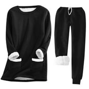 Lastesso Winter Sleepwear for Women Fleece Warm Clothes Long Sleeve Crewneck Pockets Blouse Pajama Pant 2 Pcs Sets