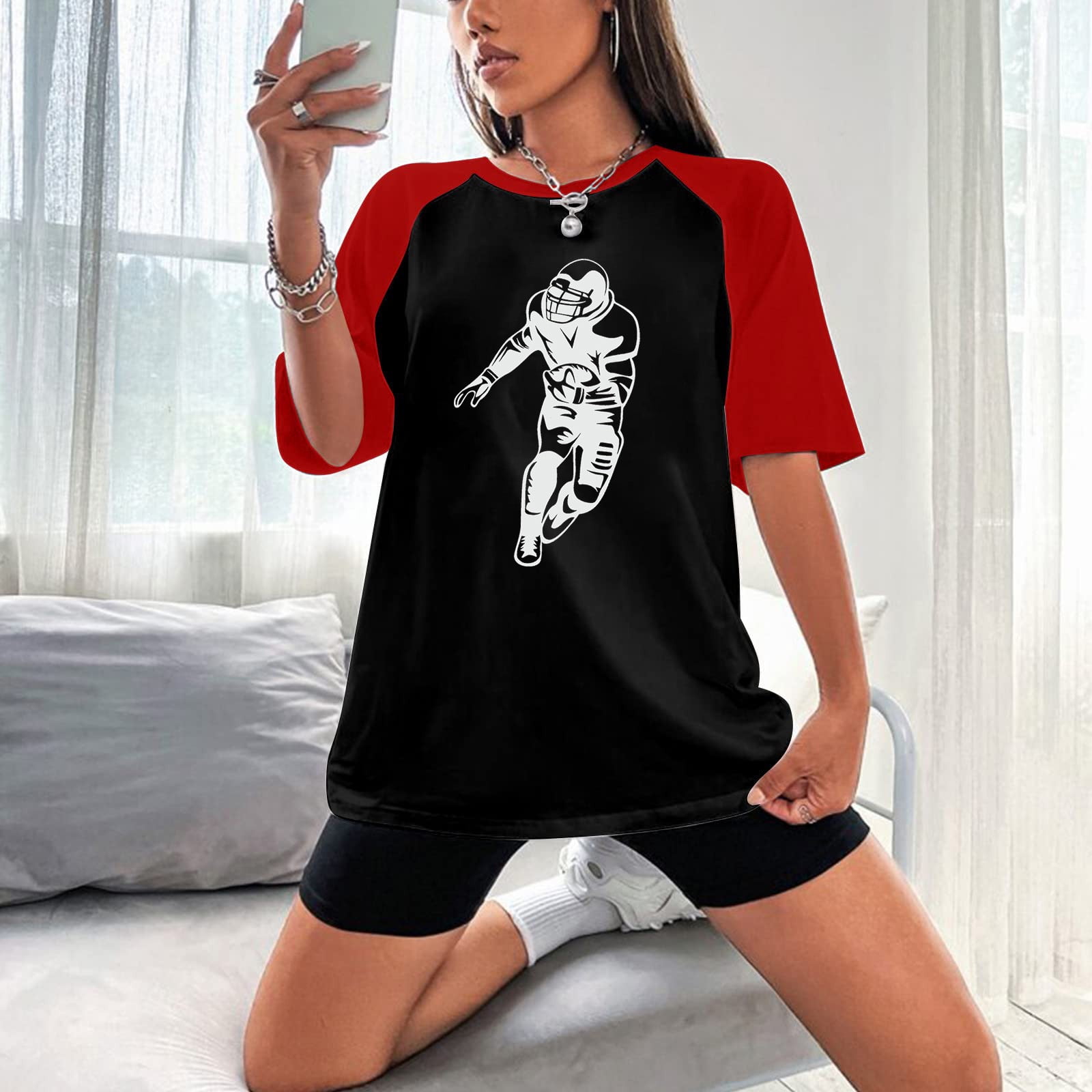 Lastesso Women Aesthetic Baseball Print Shirts Short Sleeve Colorblock T  Shirts Casual Oversized Graphic Design Tees 