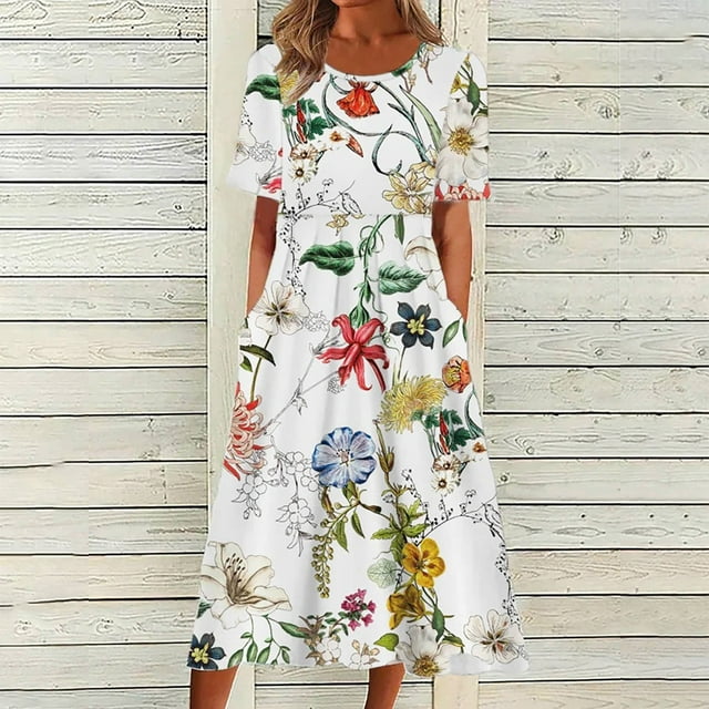 Lastesso Women Bohemian Floral Beach Dresses Short Sleeve Crewneck ...