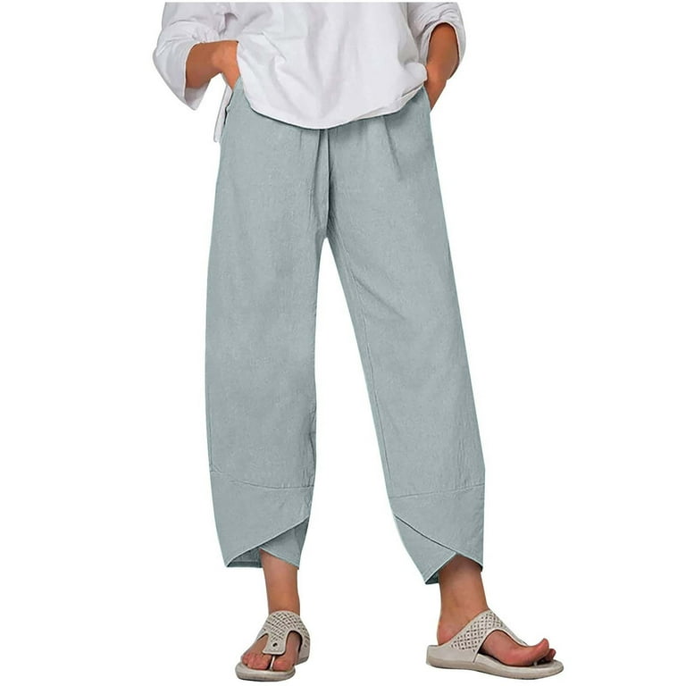 Lastesso Women Cotton Linen Cropped Pants Relaxed Fit Baggy Capri Pants  High Waist Beach Lounge Capris Trouser with Pockets 
