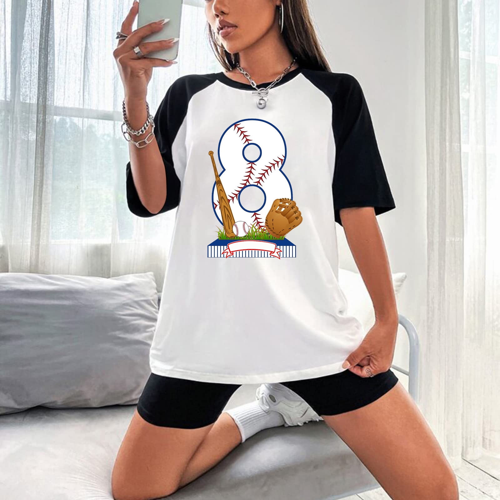 Lastesso Women Cute Baseball Print Shirts Short Sleeve Colorblock