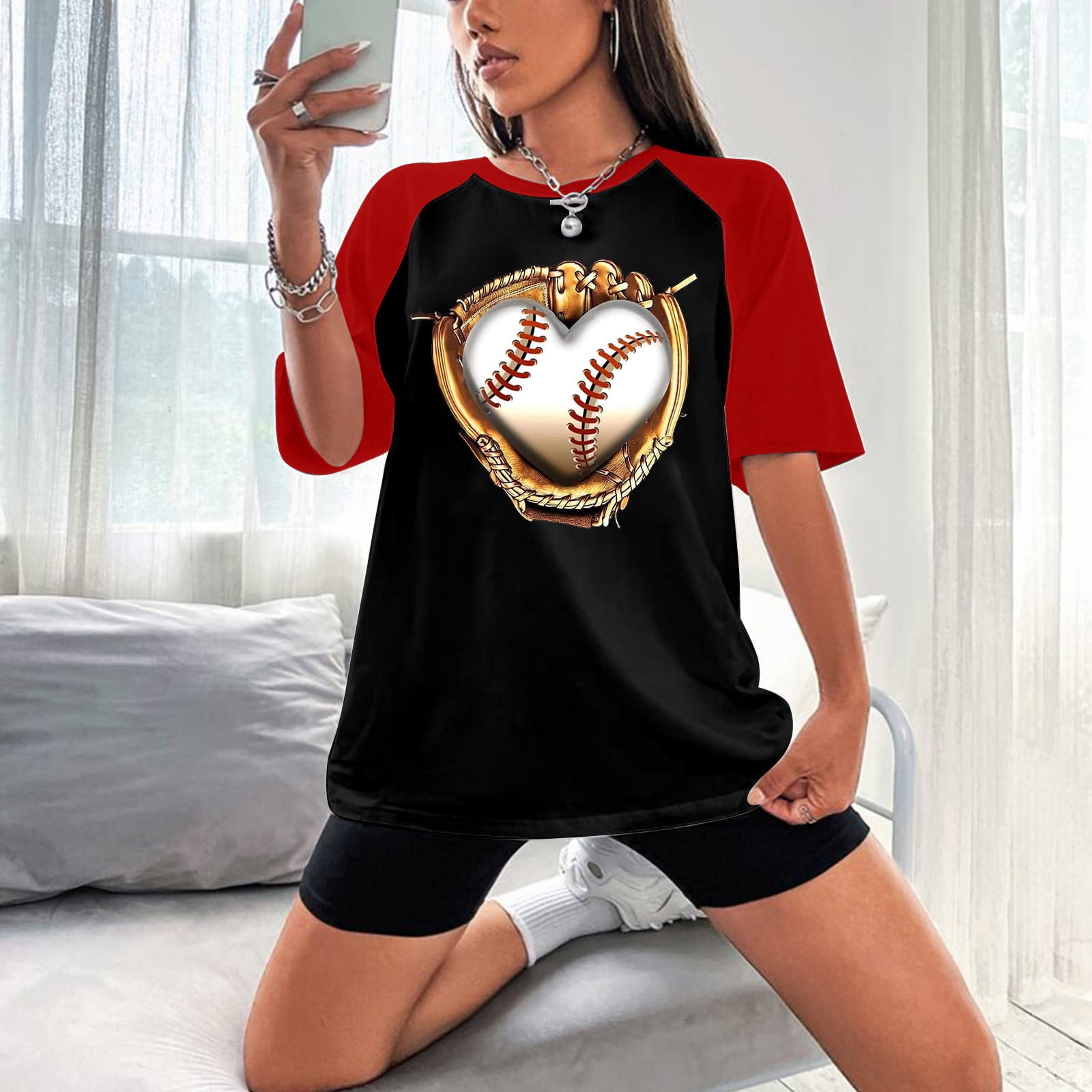Lastesso Women Cute Baseball Print Shirts Short Sleeve Colorblock T Shirts  Funny Cartoon Graphic Tees Fashion 2023 