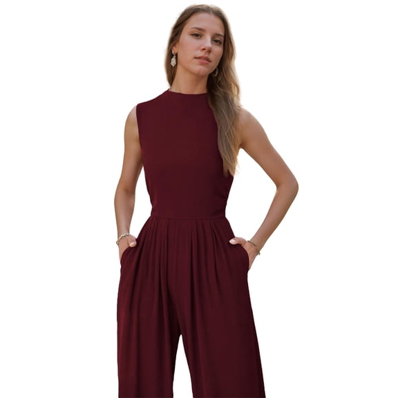 SANOPY Women’s Elegant Summer Jumpsuits with Pockets Casual One Piece Outfits Sleeveless Mock Neck Wide Leg Pants Rompers