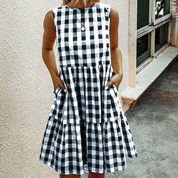 Lastesso Women Gingham Linen Dress Boho Smocked Tiered Ruffle Dresses Plaid Summer Casual Sundress Trendy Picnic Clothes 2023