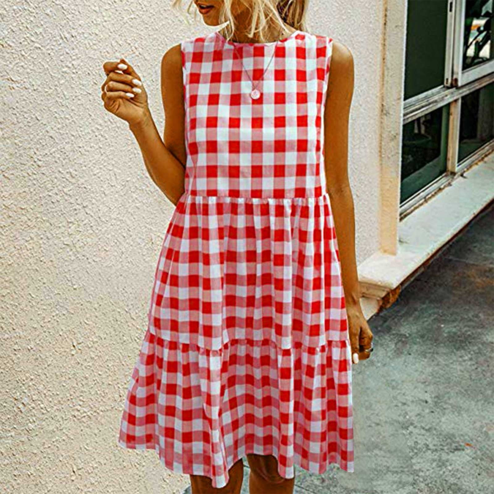 Lastesso Women Gingham Linen Dress Boho Smocked Tiered Lastesso Women Gingham Linen Dress Boho Smocked Tiered
