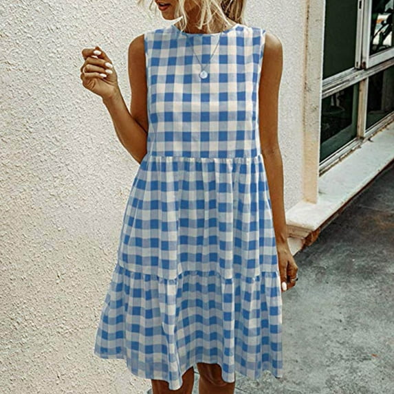 Amidoa Women Gingham Linen Dress Boho Smocked Tiered Ruffle Dresses Plaid Summer Casual Sundress Trendy Picnic Clothes 2023