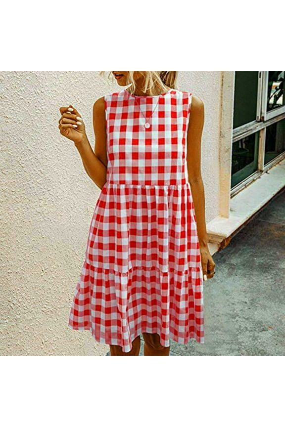 Women Gingham Linen Dress Boho Smocked Tiered Ruffle Dresses Plaid Summer Casual Sundress Trendy Picnic Clothes 2023