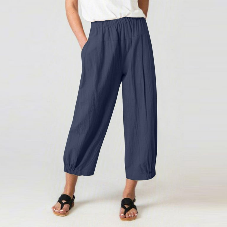 Lastesso Women Straight Leg Capri Capris Pants Comfy Linen Elastic Waist  Trousers Pleated Relaxed Fit Beach Pants Jeans Pockets 