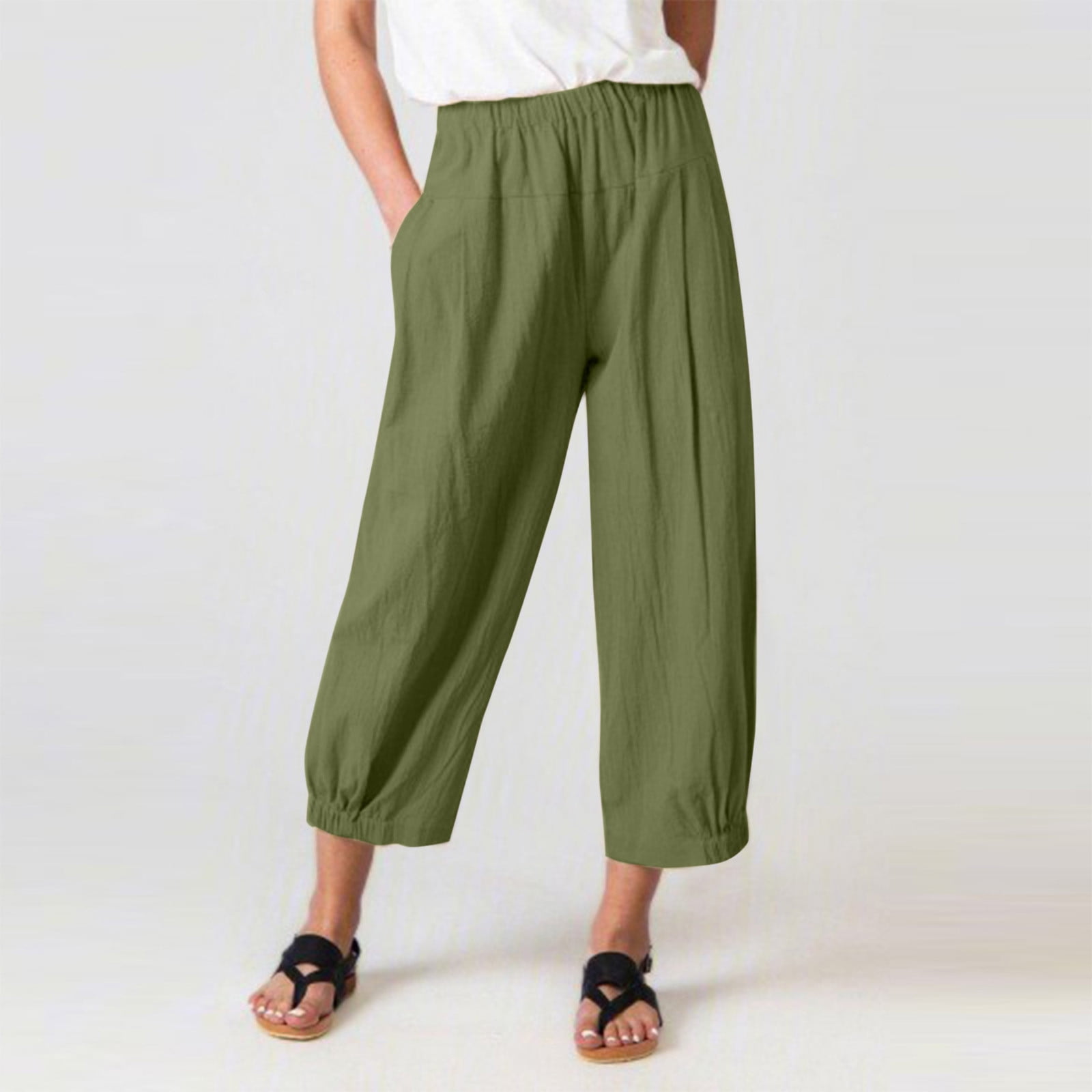 Lastesso Women Straight Leg Capri Capris Pants Comfy Linen Elastic