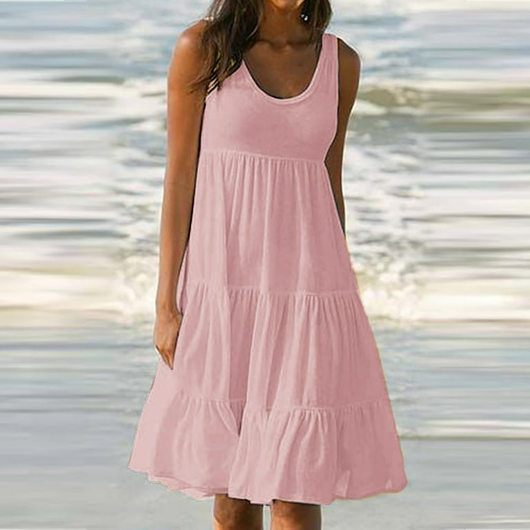 Lastesso Women Summer Dresses Plus Size Solid Color Sleeveless Halter Strap  Tank Midi Dress Pleated Hem Party Beach Dress 