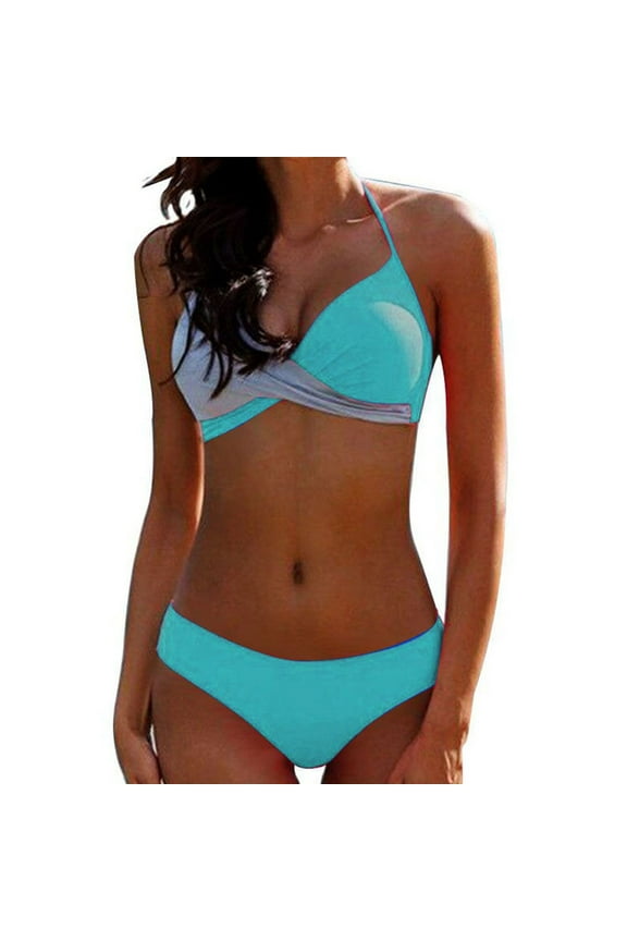 Women's Colorblock Swimwear Slimming Two Piece Set Wrap Halter Push up Bikini Top with High Waist Bottom Swimsuits