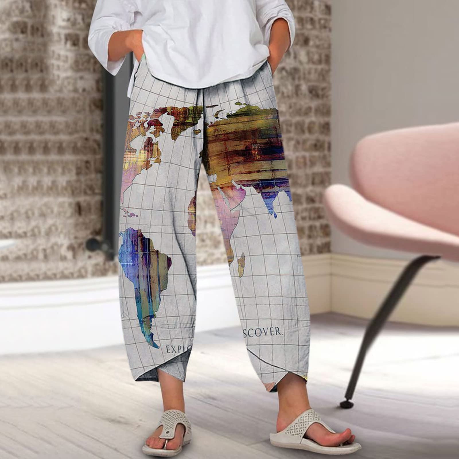 Lastesso Women s Map Printed Cropped Pants Elastic Waist Petal Trousers Wide Leg Baggy Yoga Pants with Pockets Plus Size Graphic Design Funny Workout