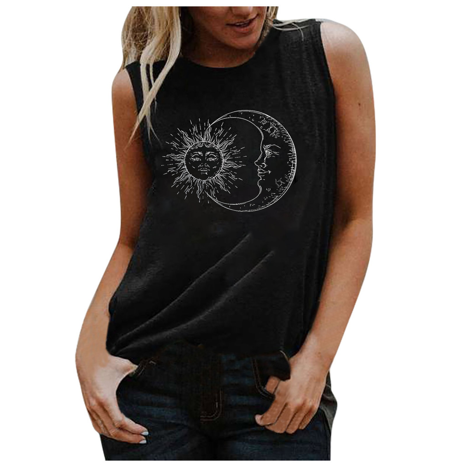 Lastesso Women's New ONeck Sun and Moon Printing Sleeveless Casual