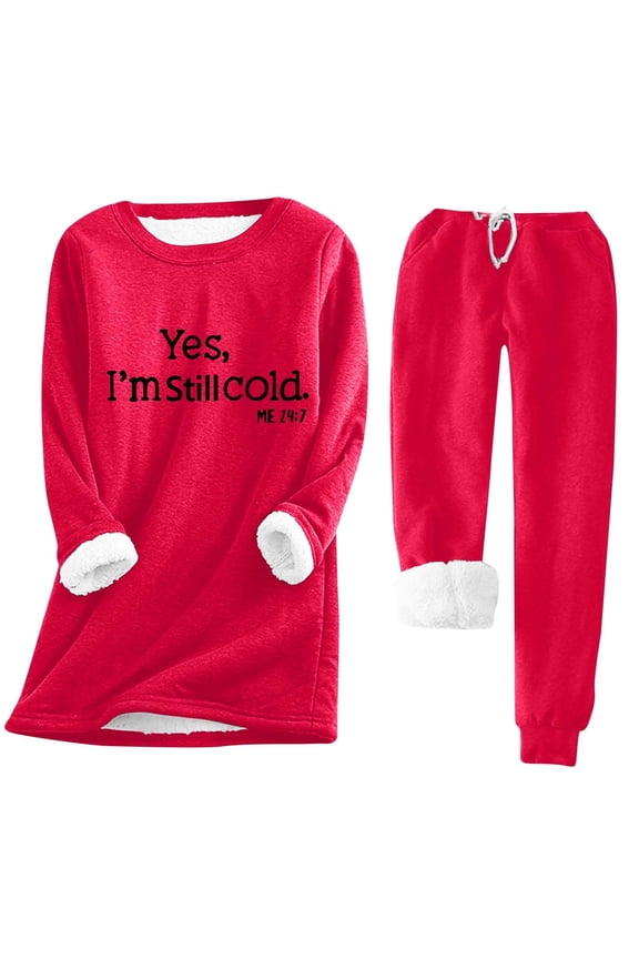 Womens 2 Pcs Pajamas Sets Crewneck Long Sleeve Plush Blouse Tops Pants Winter Warm Homewear for Family