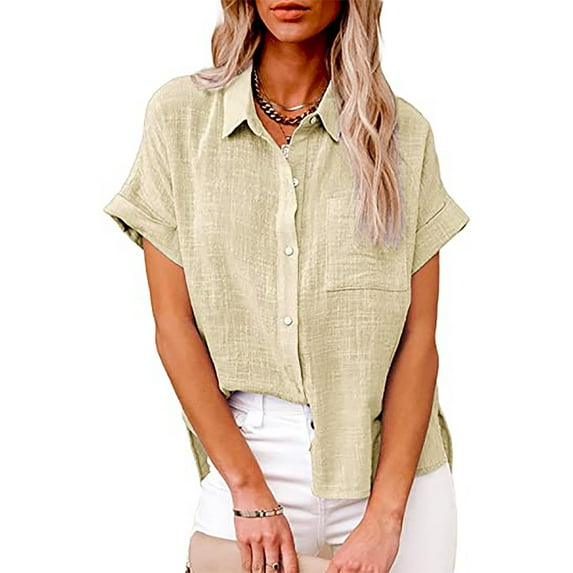 Amidoa Womens Cotton Linen Button Down Shirts Casual Short Sleeve Loose Fit Collared Linen Work Blouse Tops with Pocket