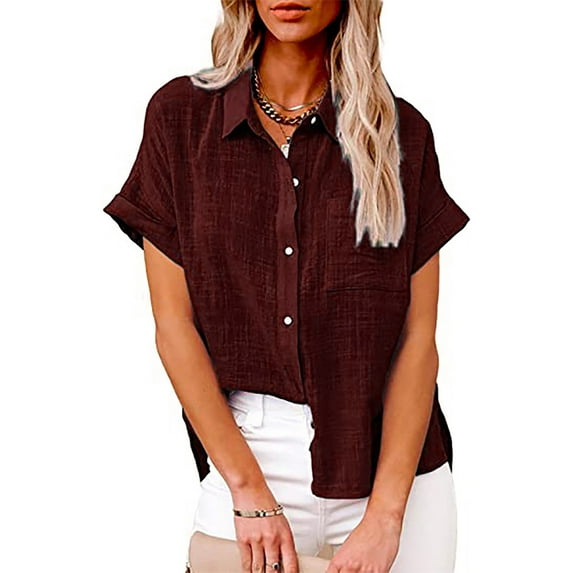 Amidoa Womens Cotton Linen Button Down Shirts Casual Short Sleeve Loose Fit Collared Linen Work Blouse Tops with Pocket