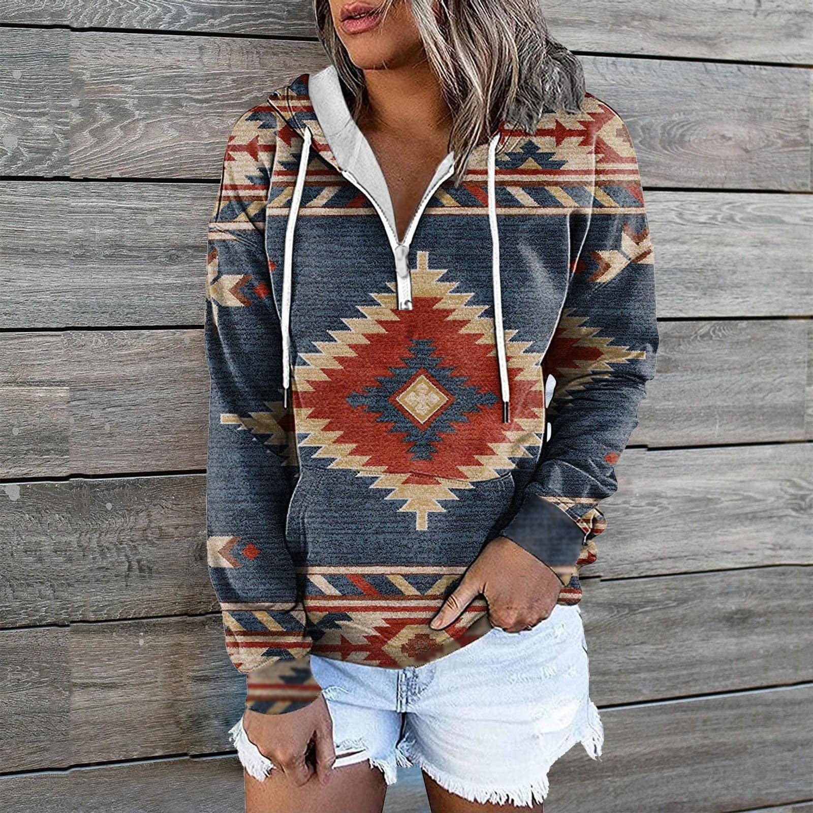 Lastesso Womens Long Sleeve Western Hoodies Ethnic Graphic Pullover 1 4 Zipper Aztec Sweatshirts Collar Casual Fall Tops Shirts
