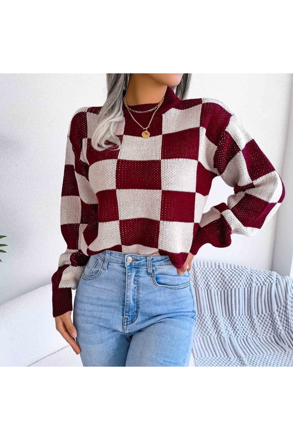 Plaid Ladies Sweaters Red Light Weight Fall Crewneck Long Sleeve Comfy Sweater Women Tops S