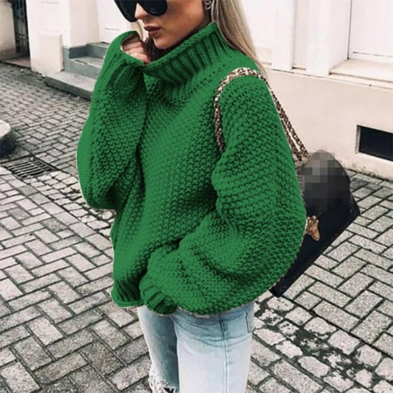 Amidoa Green Women's Sweaters Turtleneck Winter Plus Size Knit Long Sleeve Dressy Sweaters Ladies Tops M